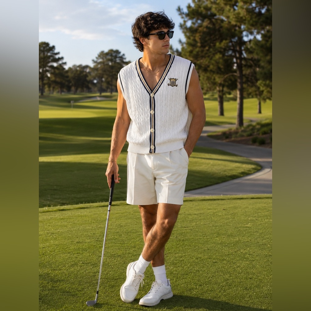EP Pro White Button Down Fisherman Knit Cotton Golf Vest Crest Preppy Sports XL